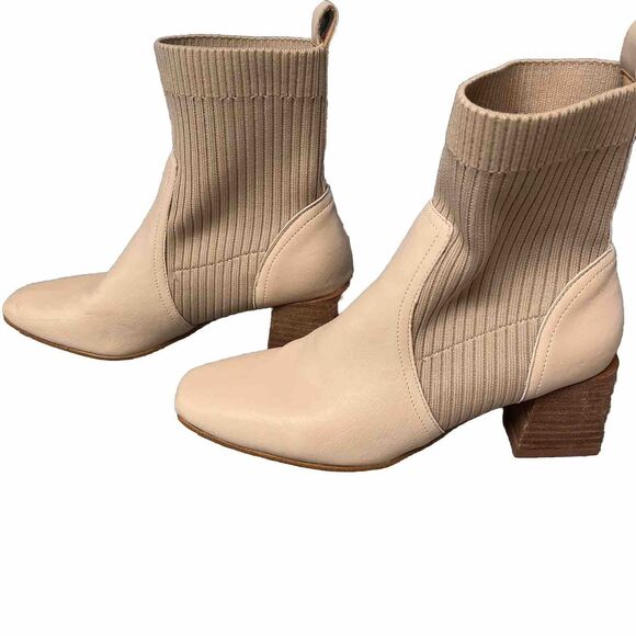 OASIS SOCIETY Geraldine Beige Sock Bootie Leather Stacked Heeled Boot Size 6 - Picture 3 of 11